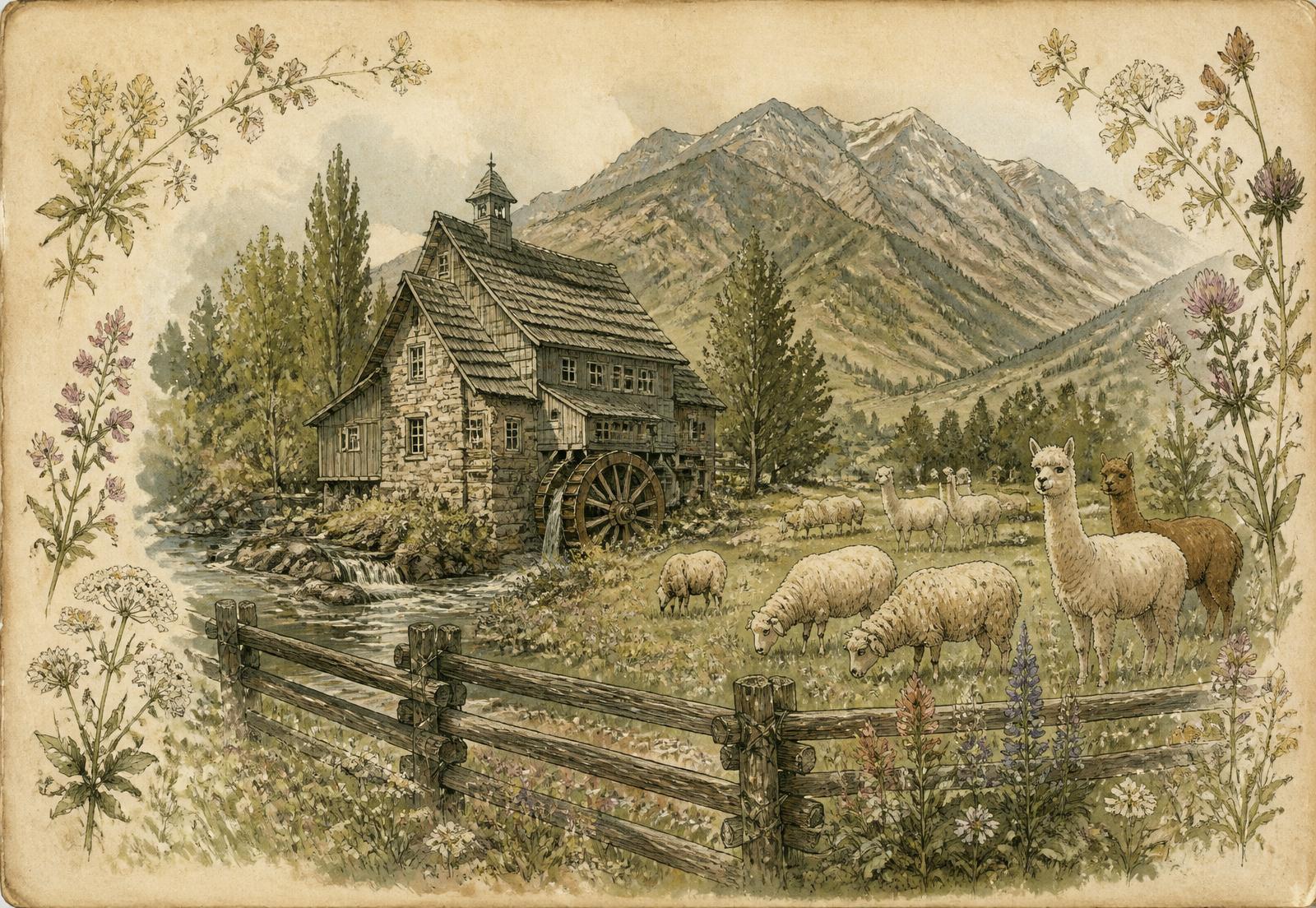 Illustration of a small stone-and-timber wool mill in the Utah mountains with sheep and alpacas grazing beside a wooden fence