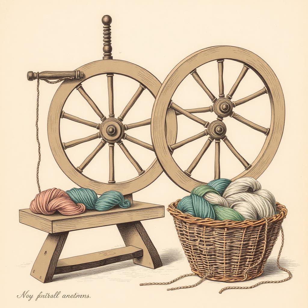 Antique spinning wheel with basket of yarn