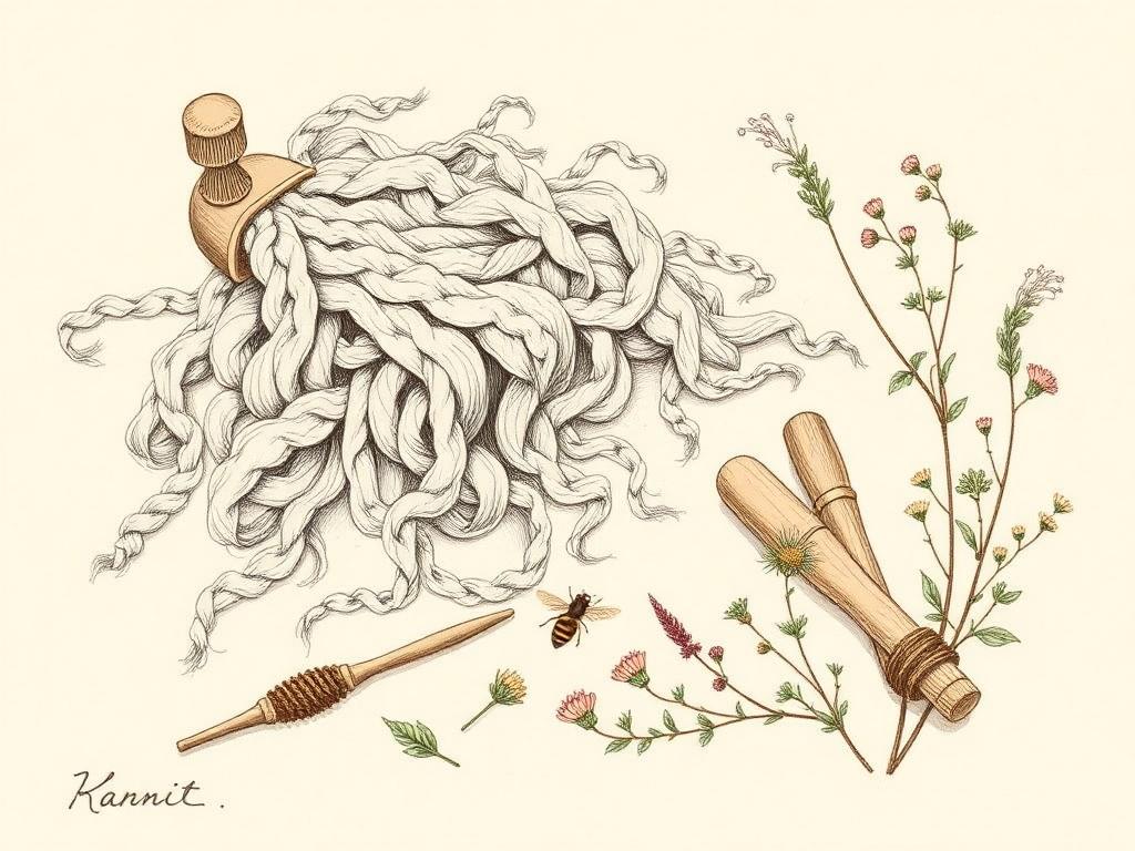 Wool locks, drop spindle, hand carders, and wildflowers